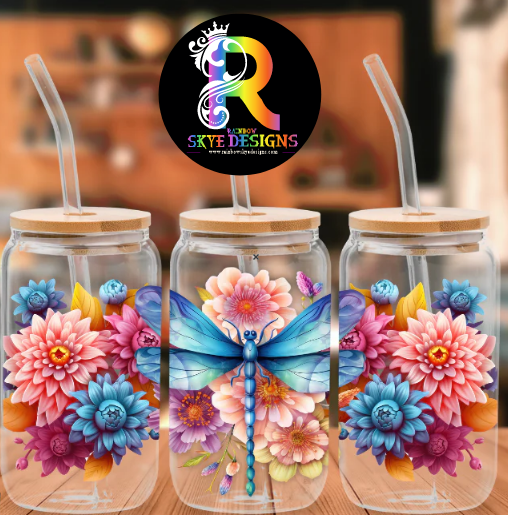 3D Dragonfly Frosted Glass Tumbler with Bamboo Lid