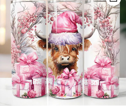 Highland cow xmas pink 20oz tumbler