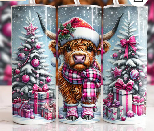 Pink Highland cow xmas  20oz tumbler