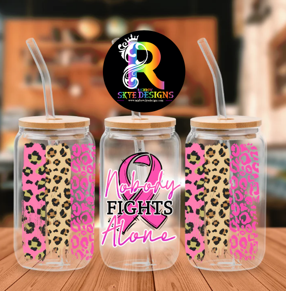 Nobody fights alone cancer Frosted Glass Tumbler with Bamboo Lid