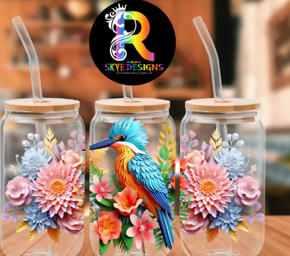 Blue Bird Frosted Glass Tumbler with Bamboo Lid