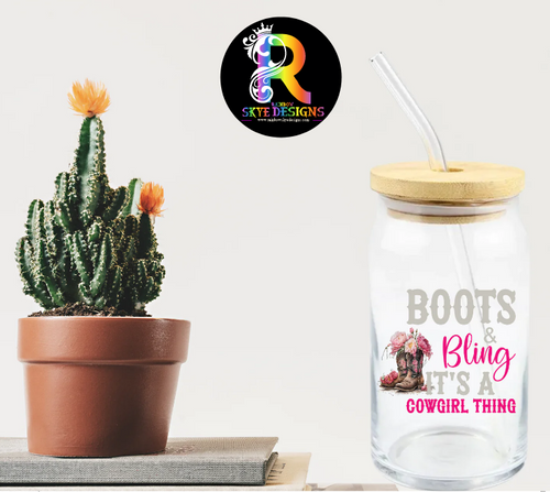 Boots and Bling Cowgirl Frosted Glass Tumbler with Bamboo Lid