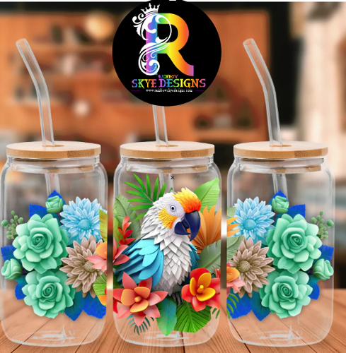 Cockatoo Frosted Glass Tumbler with Bamboo Lid