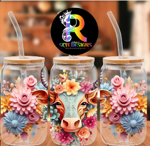 3D Cow Frosted Glass Tumbler with Bamboo Lid