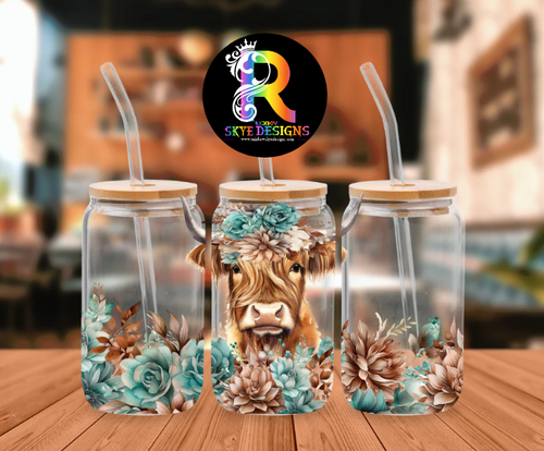 Highland Cow with flowers Frosted Glass Tumbler with Bamboo Lid