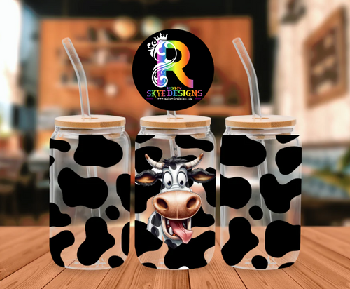 Cow Cartoon Frosted Glass Tumbler with Bamboo Lid