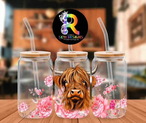 Highland Cow Frosted Glass Tumbler with Bamboo Lid
