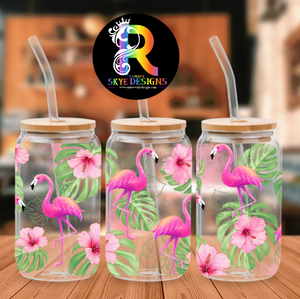 Flamingo Pink Frosted Glass Tumbler with Bamboo Lid