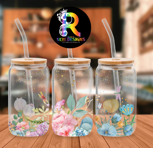 Dragonfly garden Glass Tumbler with Bamboo Lid