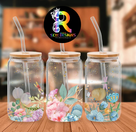 Dragonfly garden Glass Tumbler with Bamboo Lid