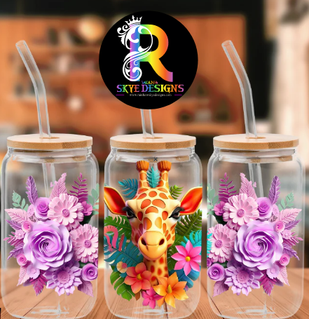 Giraffe Frosted Glass Tumbler with Bamboo Lid