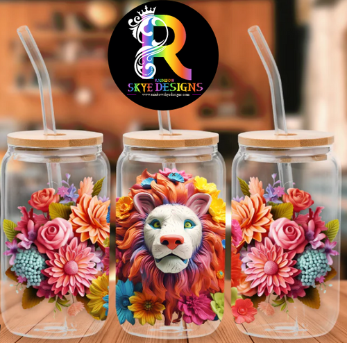 Lion Frosted Glass Tumbler with Bamboo Lid