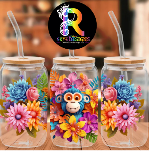 Monkey Frosted Glass Tumbler with Bamboo Lid