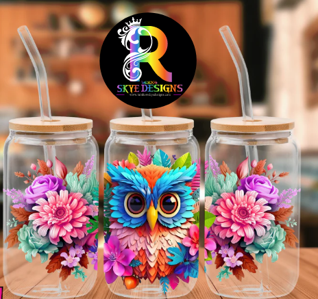 Owl Frosted Glass Tumbler with Bamboo Lid