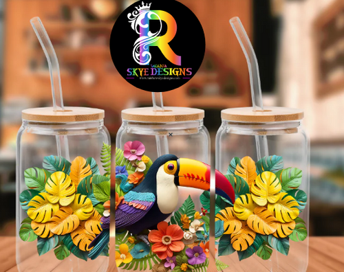 Toucan Bird Frosted Glass Tumbler with Bamboo Lid
