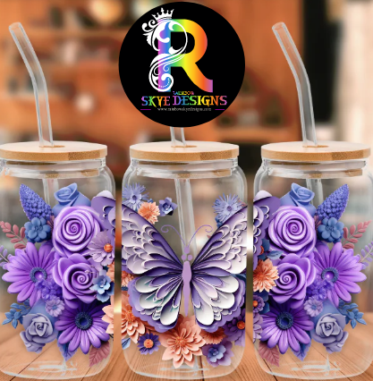 Purple Butterfly Frosted Glass Tumbler with Bamboo Lid