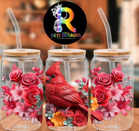 Red Bird Frosted Glass Tumbler with Bamboo Lid