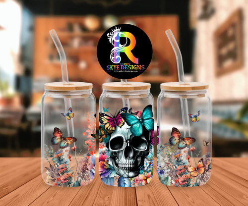 Skull Frosted Glass Tumbler with Bamboo Lid