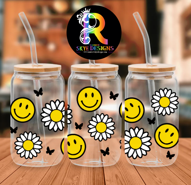Smile Face Glass Tumbler with Bamboo Lid