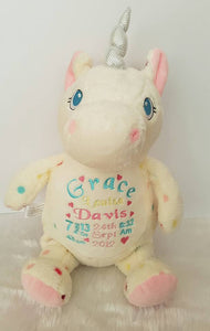 White spotty coloured Unicorn Teddy