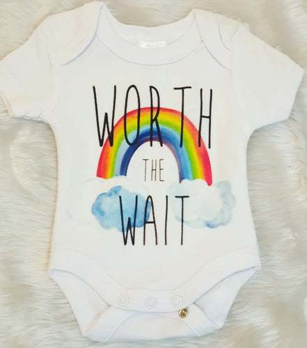 Worth the wait rainbow  baby onesie