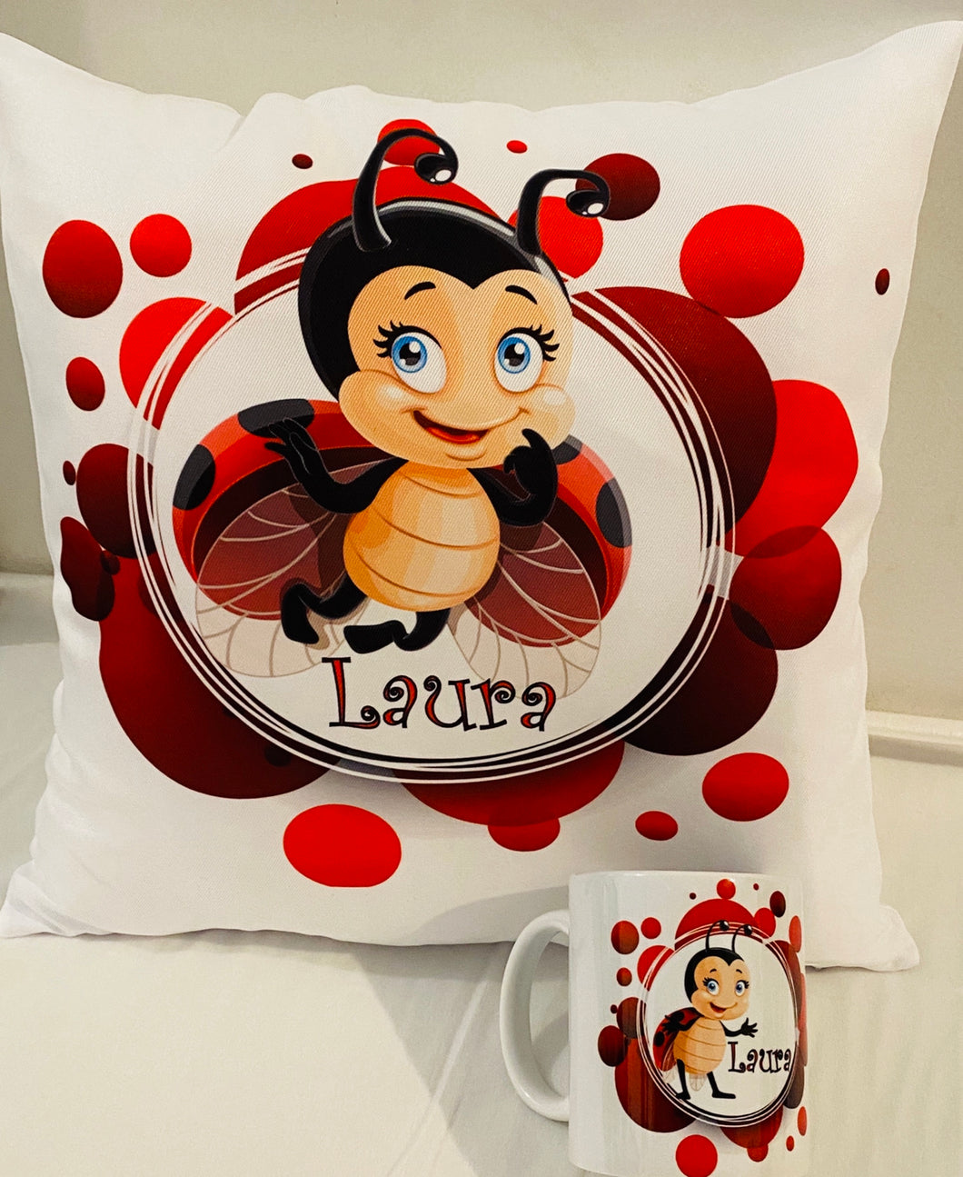 Ladybug cushion and mug set