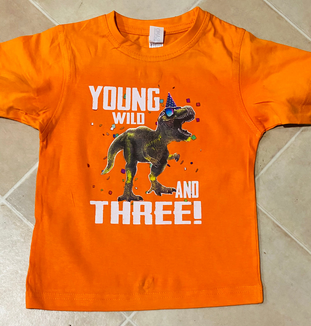 Young wild and three dinosaur birthday tshirt