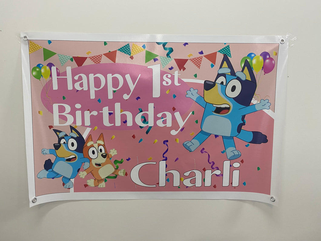 Bluey pink birthday banner/backdrop
